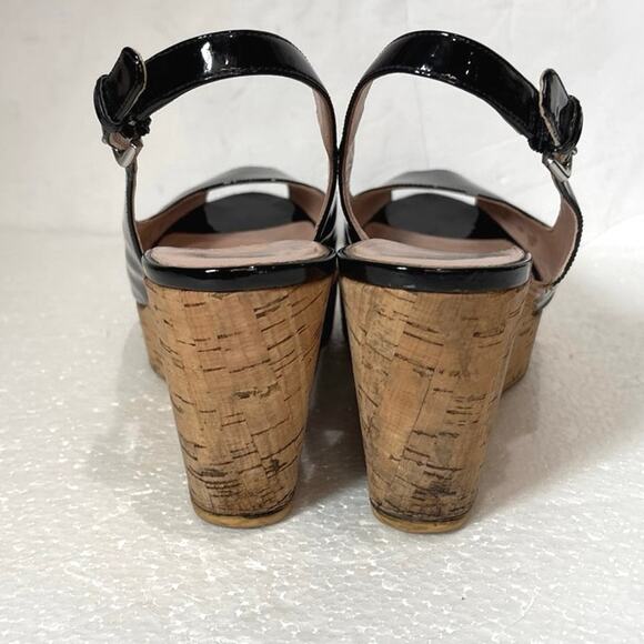 Stuart Weitzman Black Patent Leather Sling back Peep Toe Cork Wedge Heel 8.5 - Picture 4 of 8
